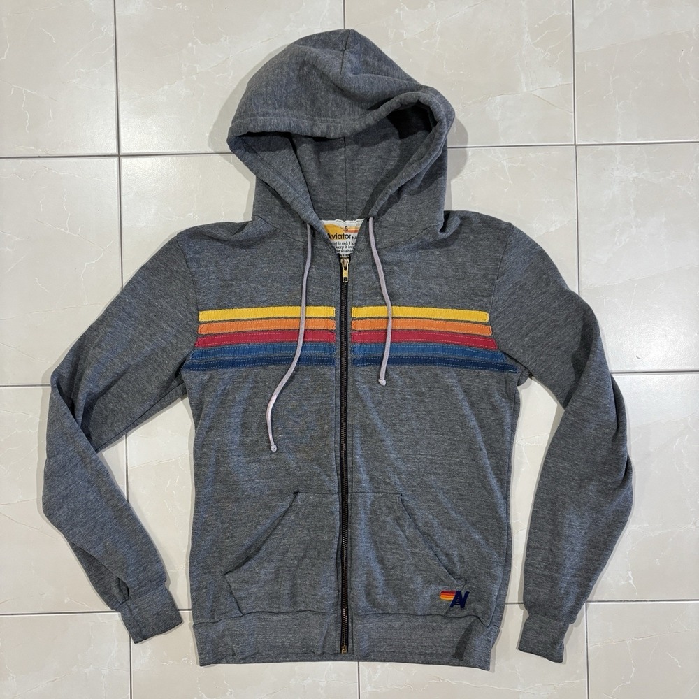 Aviator Nation Full Zip Hoodie 5 Stripe sweatshirt Grey Womens Small Flawed